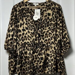 Oddi LA Kimberly Satin Leopard Print Ruffle Tie Front Maximalist Peplum Blouse